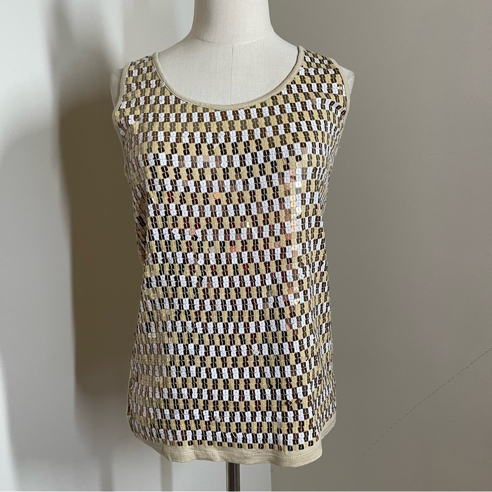 Sleeveless Knit Check Tank Top in Cream and Brown